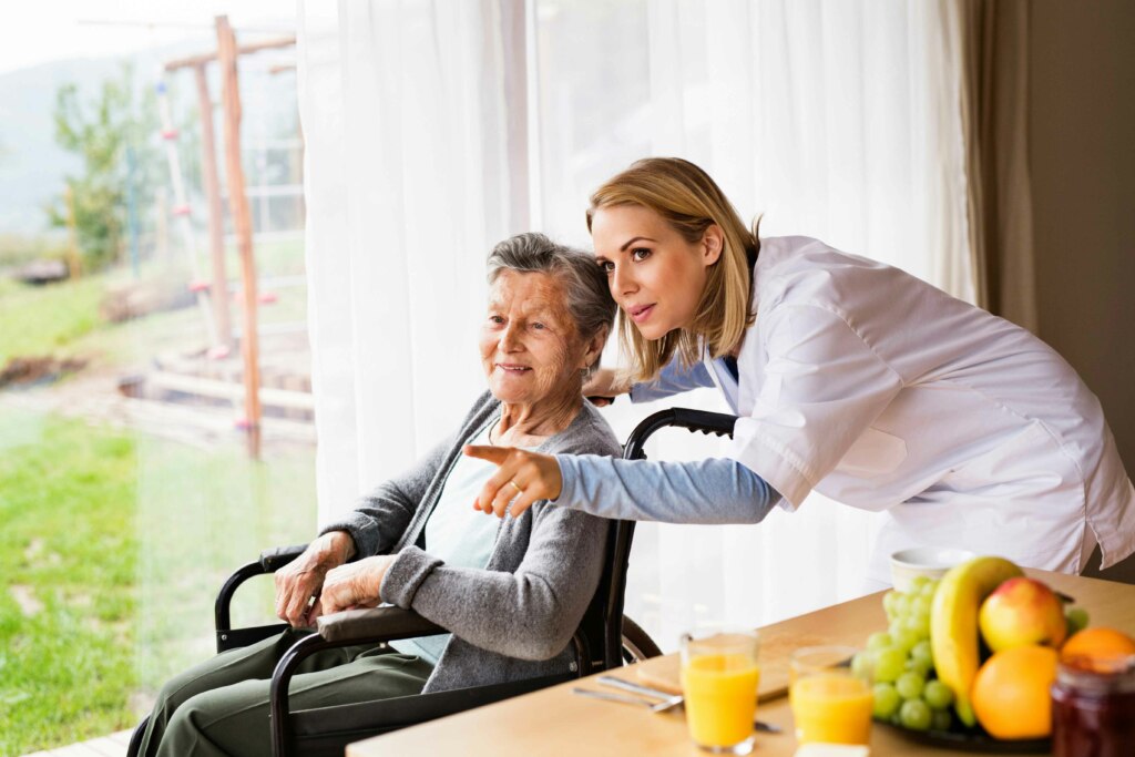 A healthcare worker assisting an elderly woman in a wheelchair, pointing at something in the distance.