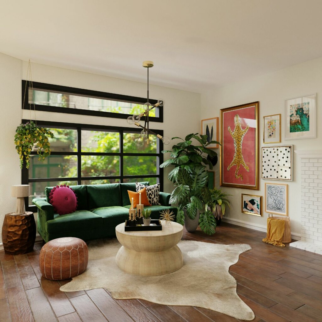 A cozy living room with a green velvet sofa, large windows, and diverse plants. walls are decorated with various art pieces.