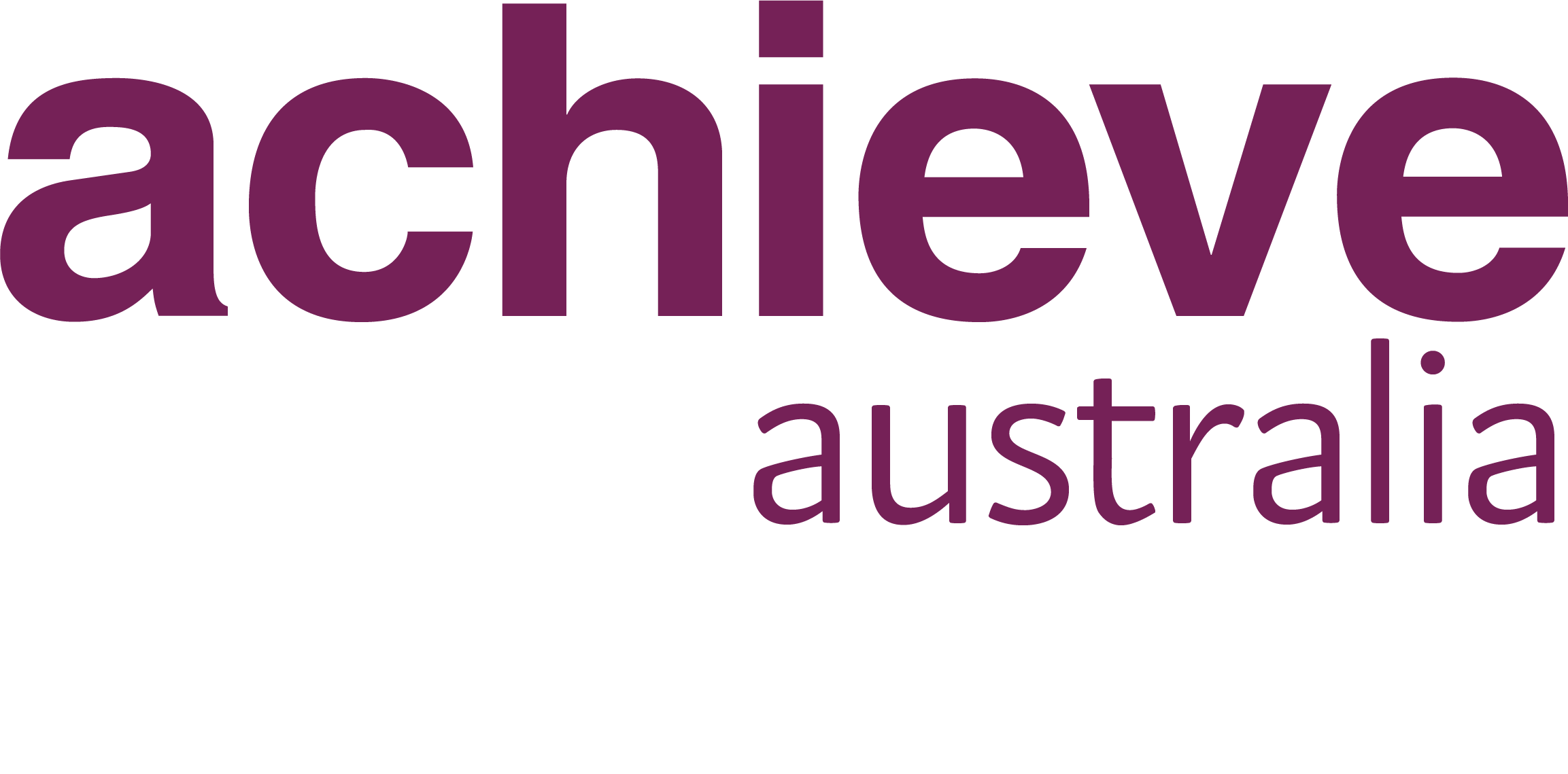 The image displays the words "achieve australia" in bold maroon text on a white background.