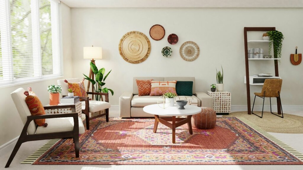 Modern living room with a white sofa, colorful cushions, a wooden coffee table, decorative baskets on the wall, and a bright area rug.