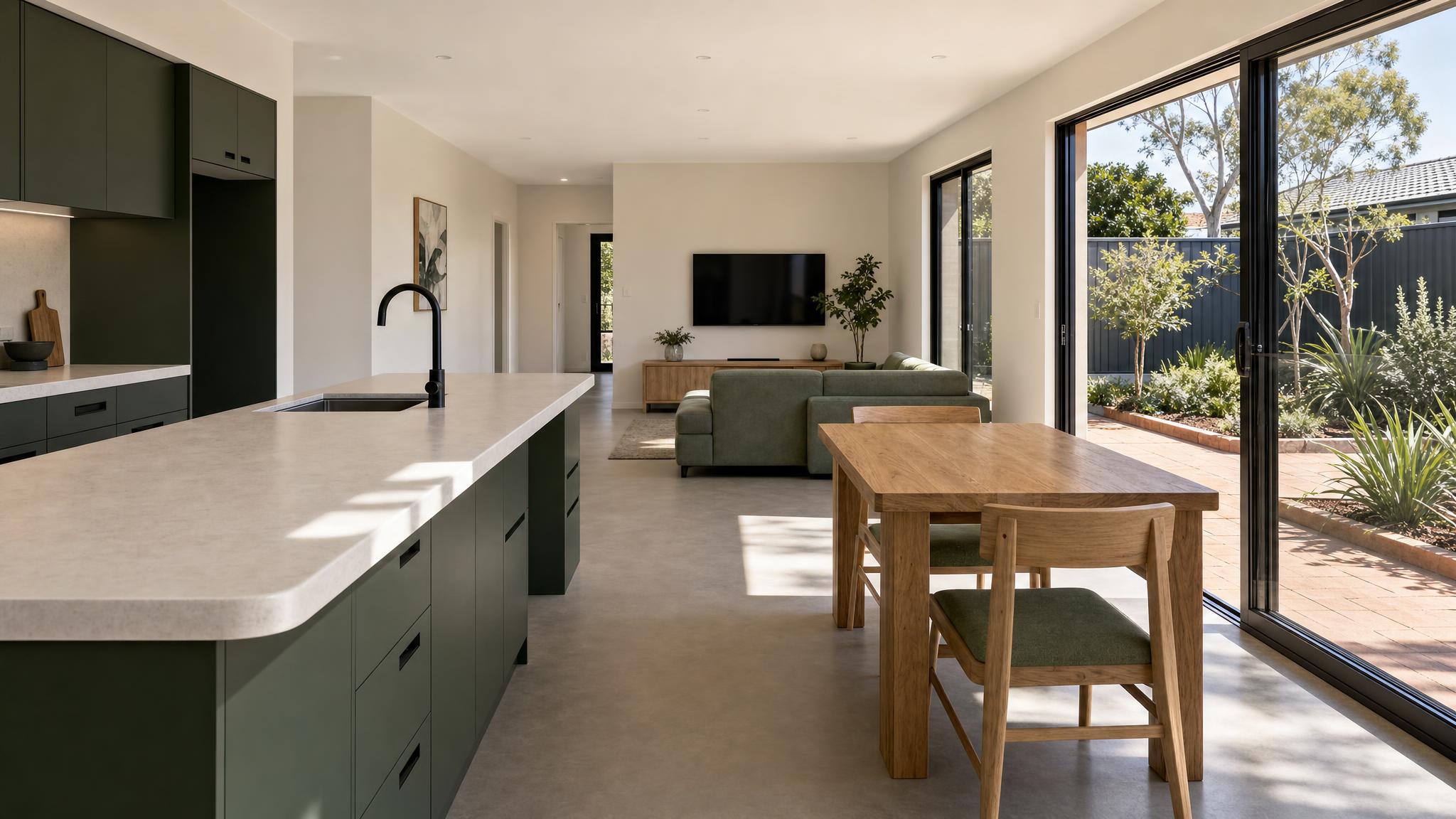 Robust SDA home kitchen and living area with hard-wearing finishes and sturdy fixtures
