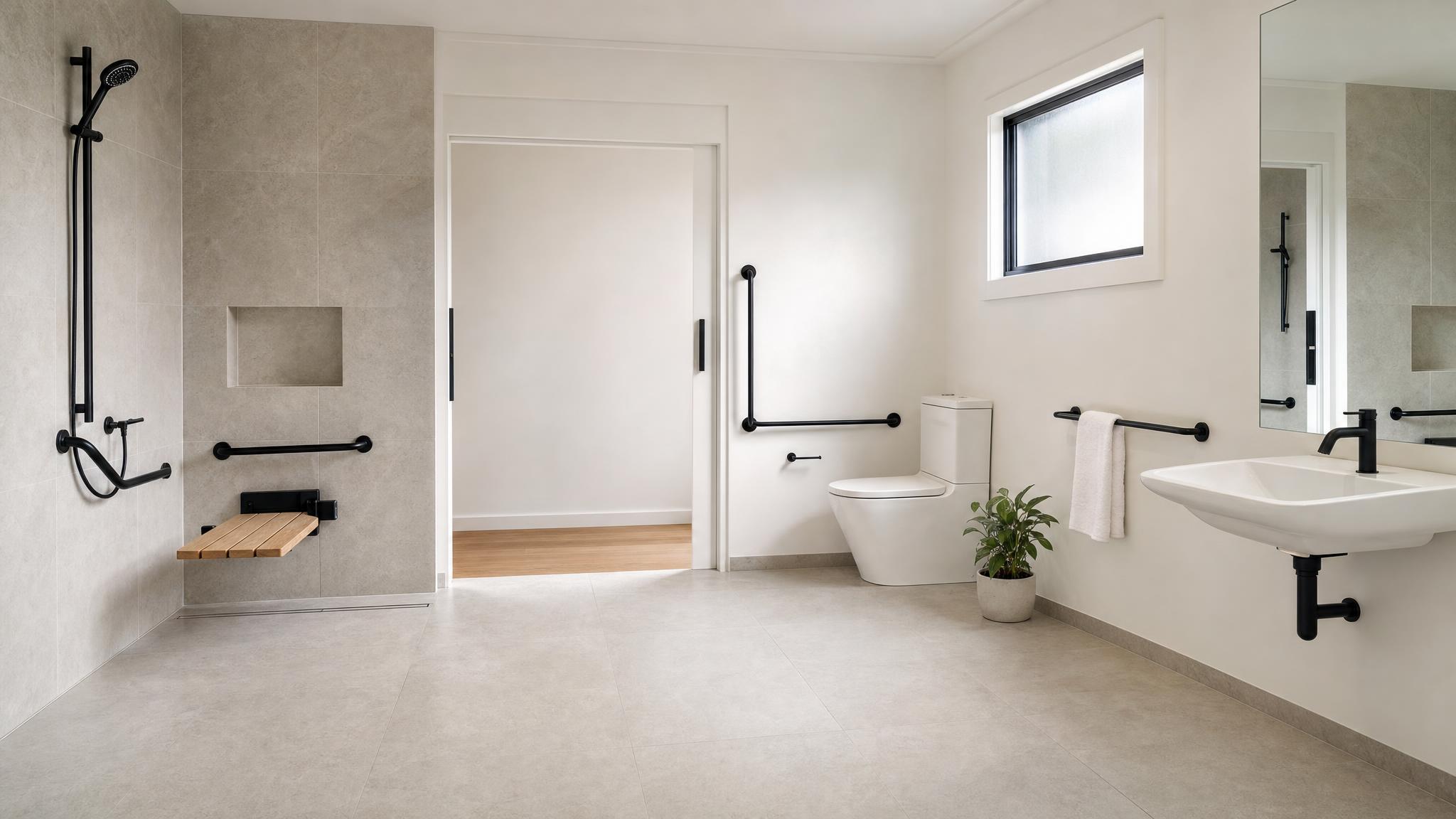 Fully Accessible SDA bathroom with a step-free hobless shower, grab rails and a roll-under basin
