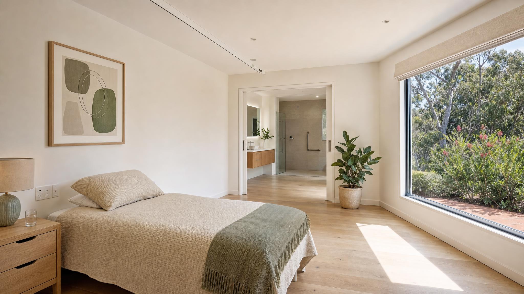High Physical Support SDA bedroom with a ceiling hoist track, wide doorway and clear transfer space