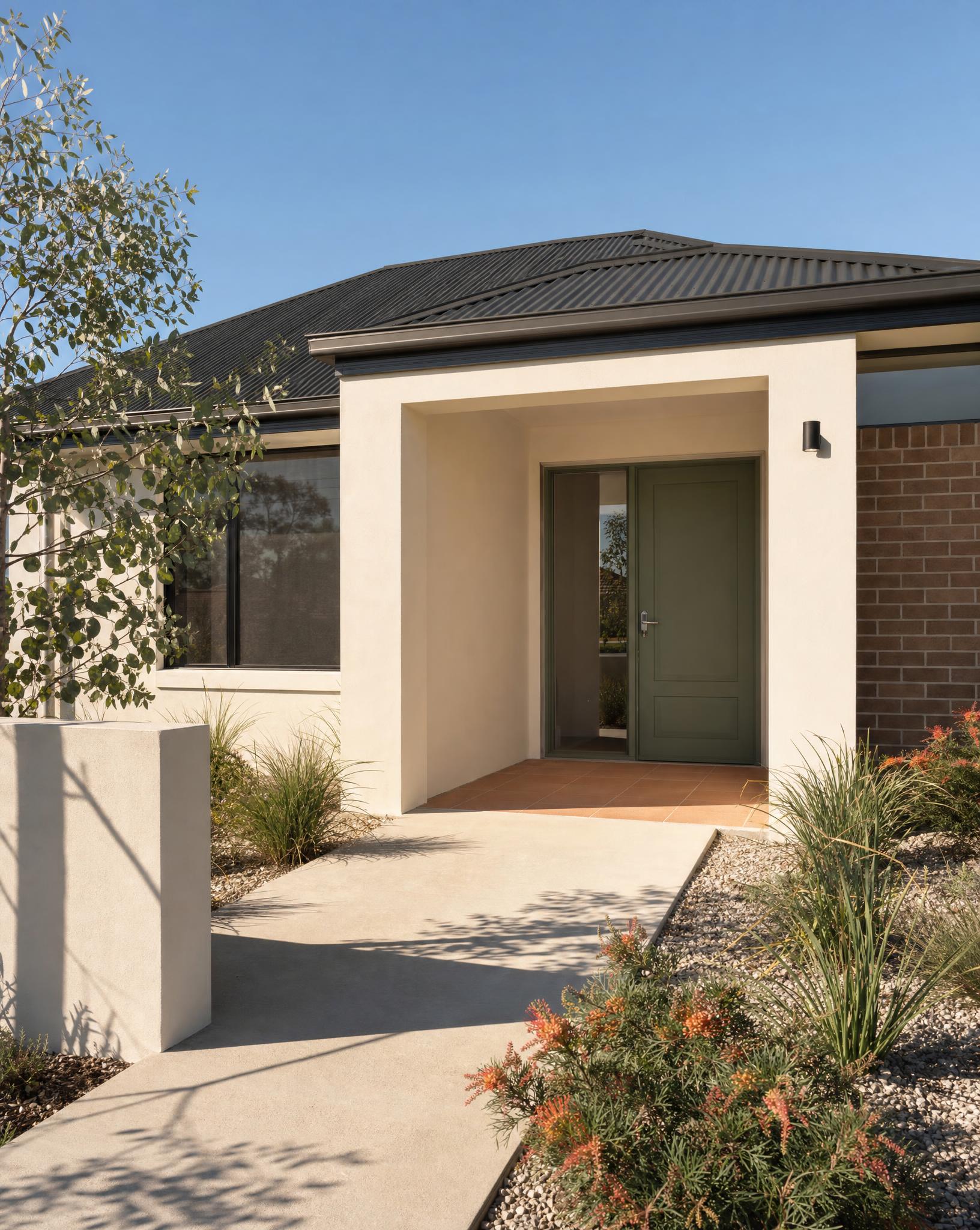 Single-storey SDA villa entrance with a step-free path and a private front door, no stairs or lift