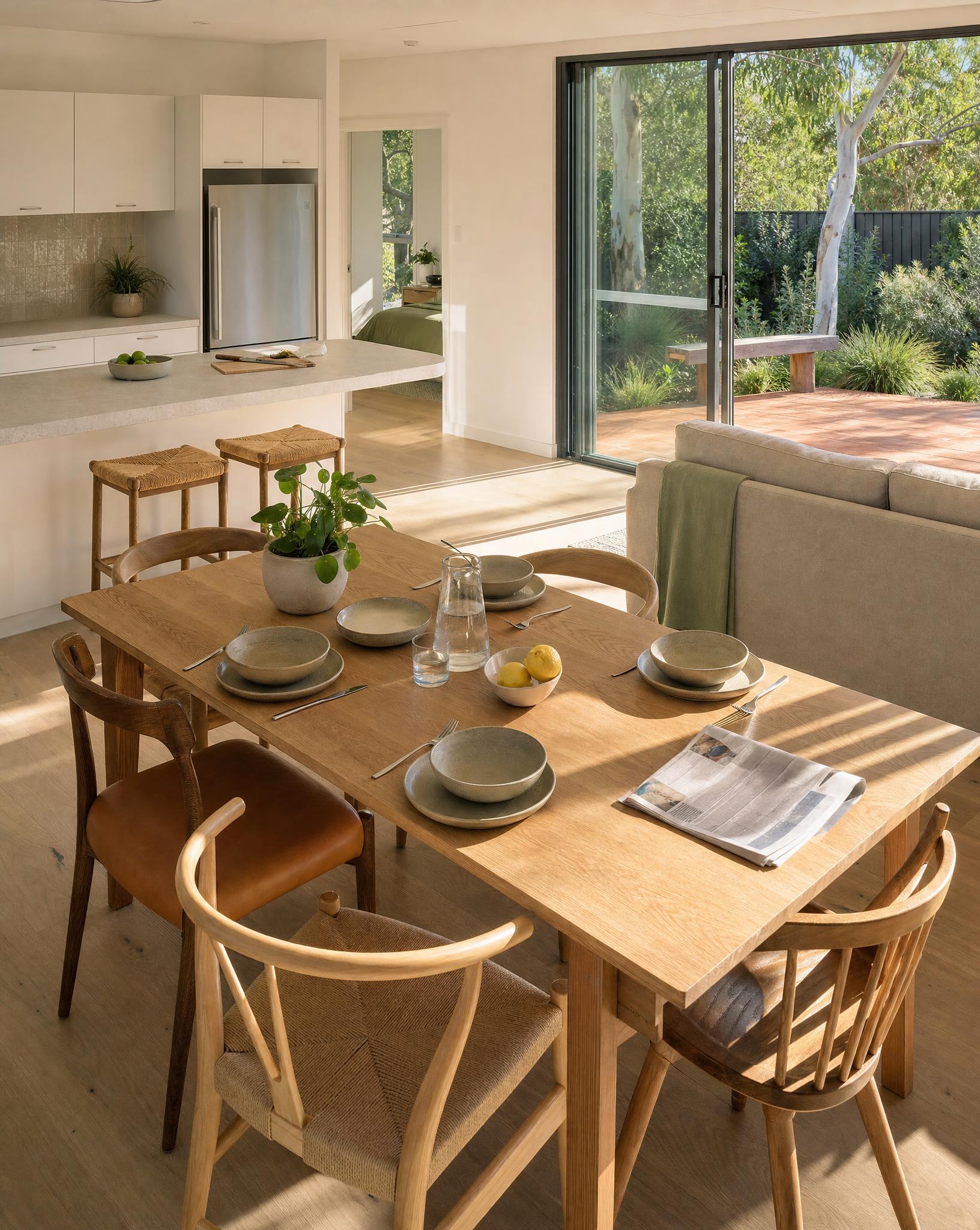 Shared kitchen and dining area in a three-bedroom SDA house where each resident has a private bedroom