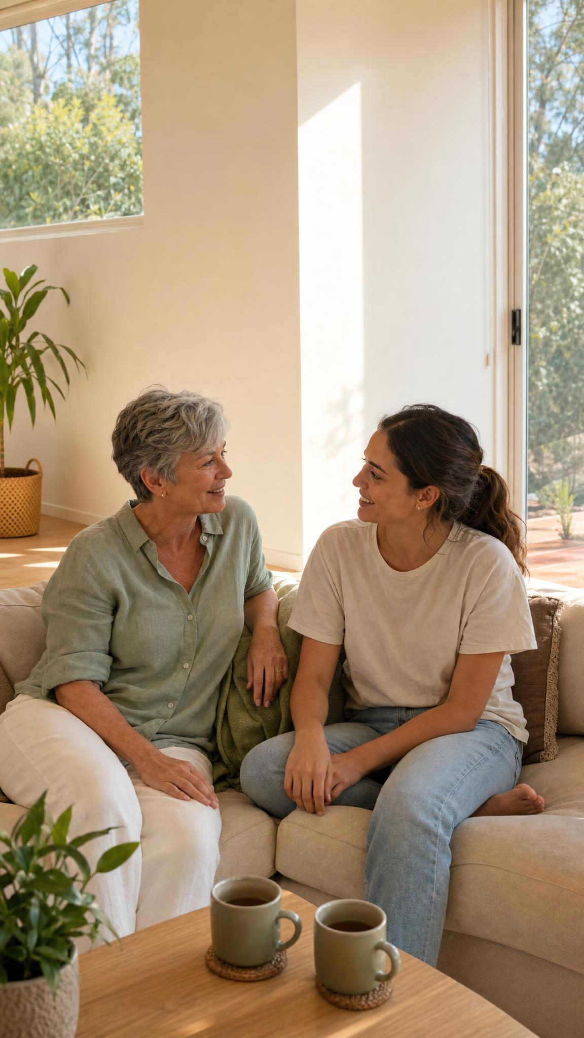 A mother and her adult daughter talking together at home while thinking through SDA options