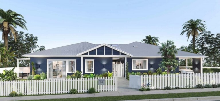 A rendering of a blue house with a white picket fence located in Narraweena, NSW.