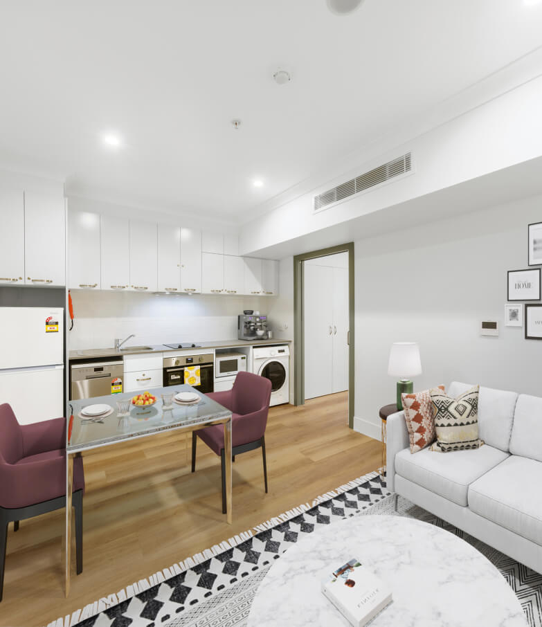 An apartment with a kitchen and living room.