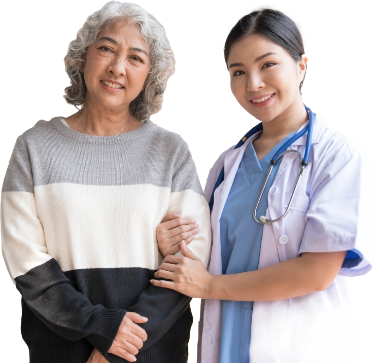 Two asian women standing next to each other.