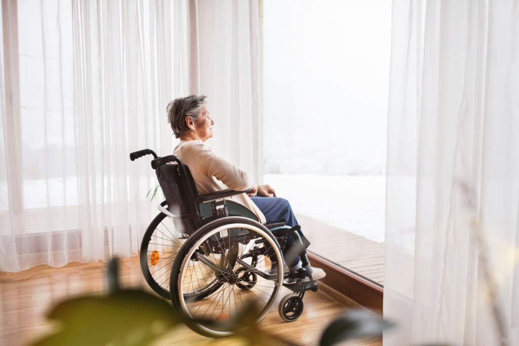 A woman in a wheelchair gazing out the window at the beautiful scenery.