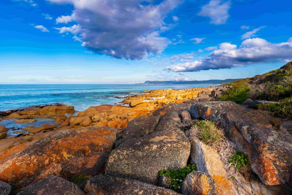 A rocky coastline under a blue sky with clouds.