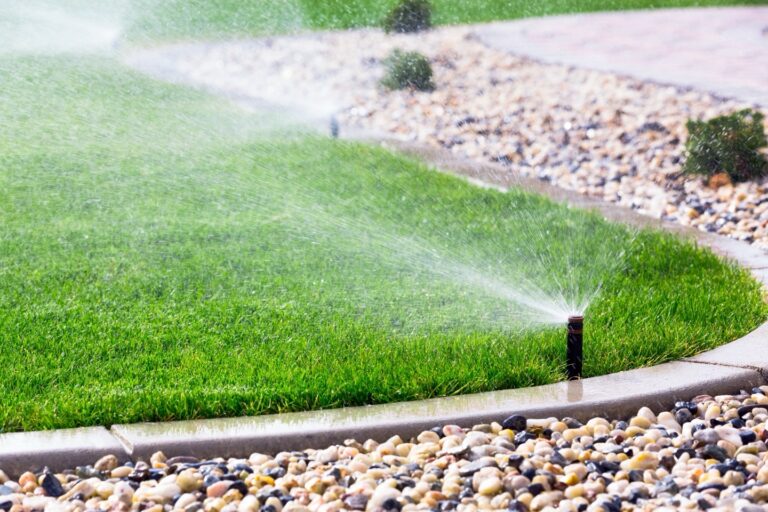 In North Gosford, a sprinkler diligently irrigates the green lawn bordered by smooth, round stones.