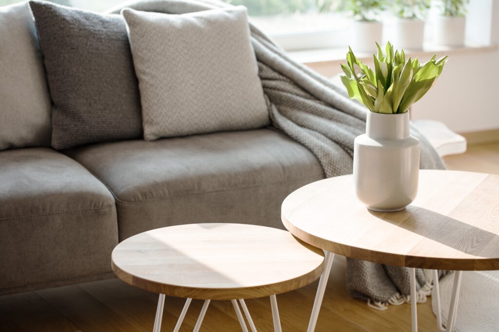In North Gosford, a cozy living room features a gray sofa adorned with gray and white pillows, complemented by a snug blanket. Two wooden tables grace the space, with one showcasing a vase filled with fresh green leaves.