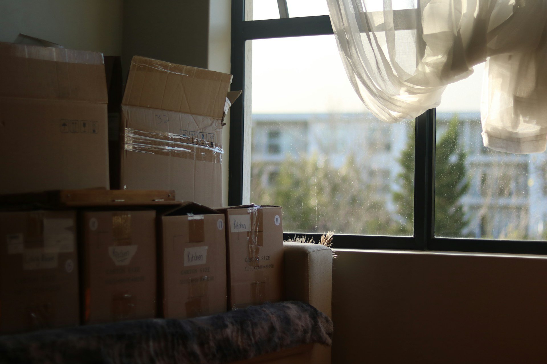 Labelled moving boxes by a window ready for an SDA move in checklist